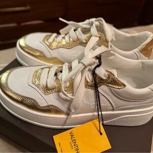 Valentino Garavani White and Gold Athletic Shoes